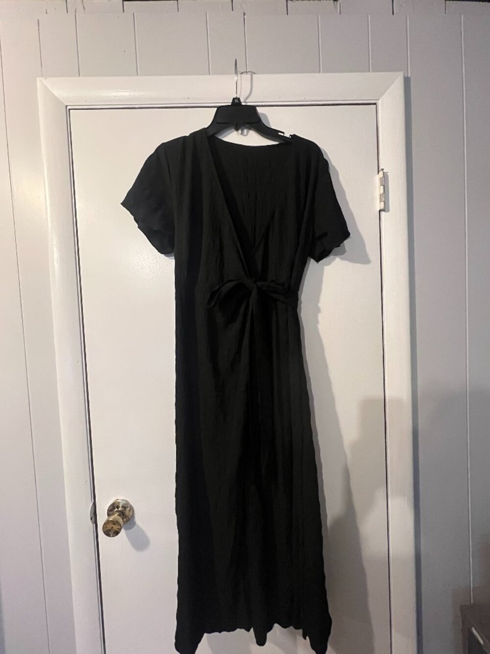 Black Textured Wrap Maxi Dress Short Sleeve Tie Waist